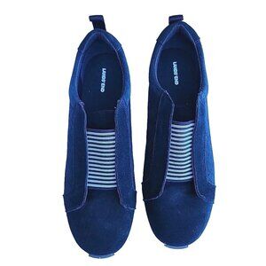 Land's End Navy Blue Genuine Suede Nautical Slipon Boat Shoes Womens Sz 8.5B -EC